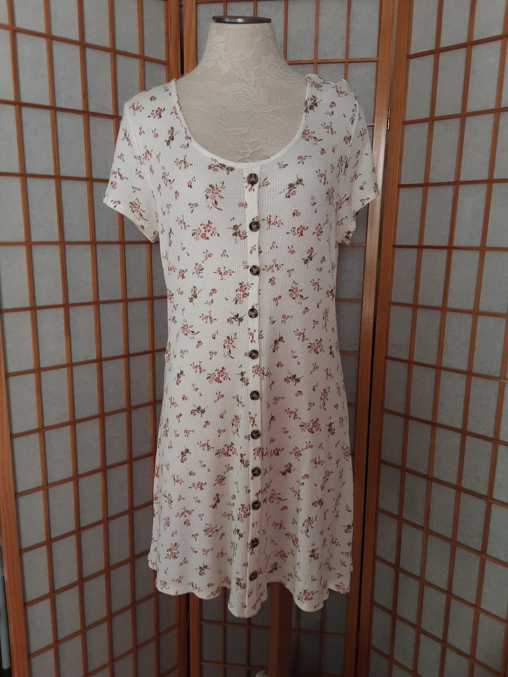 SO Cream Ribbed Knit Dress with A Floral Print.